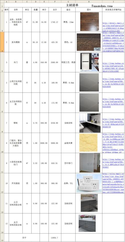 2018装修主材清单表